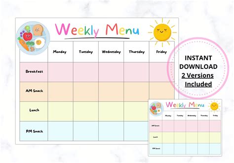 daycare weekly menu printable weekly menu  daycare daycare meal