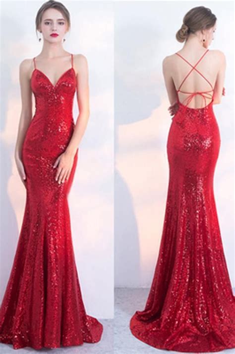 v neck red mermaid spaghetti straps sparkly backless sleeveless sequins