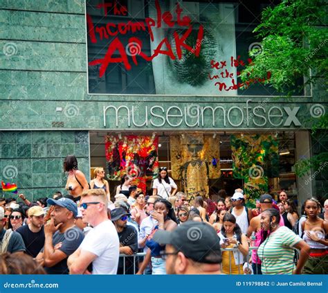 crowd outside the museum of sex during the 2018 new york city pride