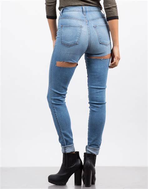 Back Cut Out Skinny Jeans Light Blue Denim Ripped Jeans 2020ave