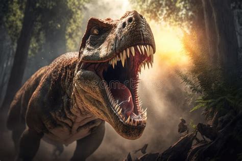 tyrannosaurus rex roaring  hunting  prey  prehistoric forest