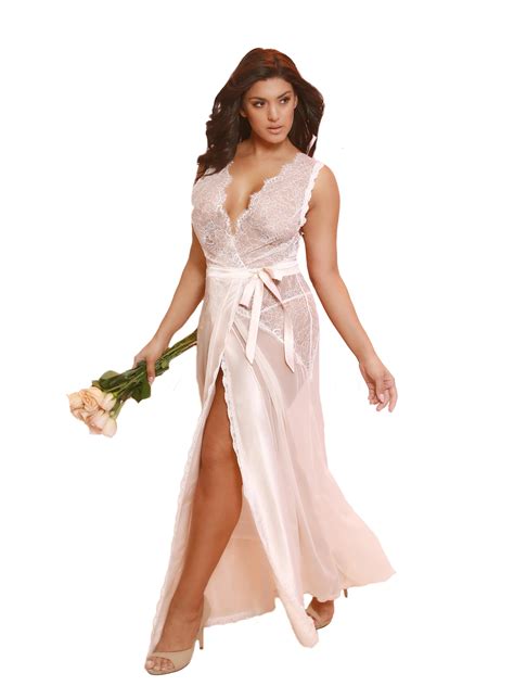 Womens Plus Size Sheer Eyelash Lace Satin Duster Bridal Robe Gown