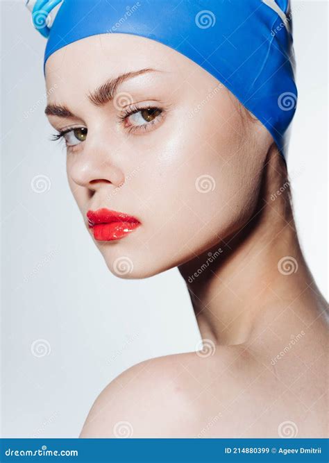 Nude Woman In Blue Swimming Cap Red Lips Stock Image Image Of Focused