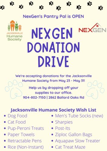 nexgen humane society donation drive whats  jacksonville