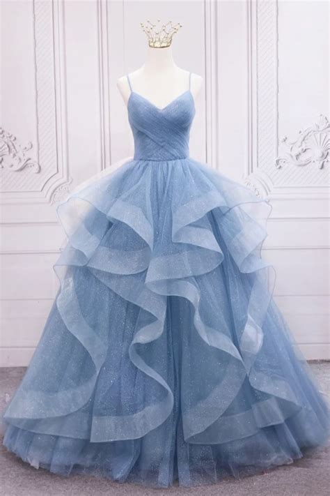 blue tulle layers long party dress prom dress beautiful sweet  dresses   blue evening