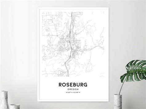roseburg map print roseburg map poster wall art or city etsy