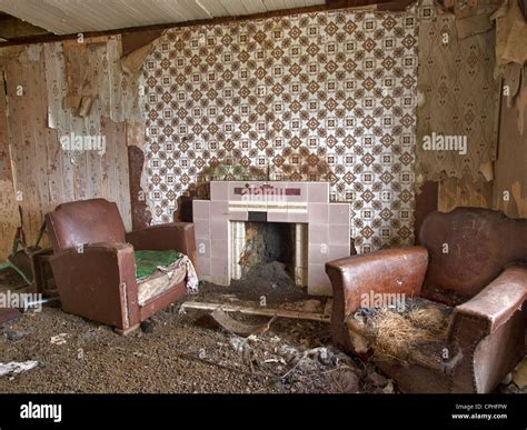 living room  abandoned croft house isle  harris scotland stock