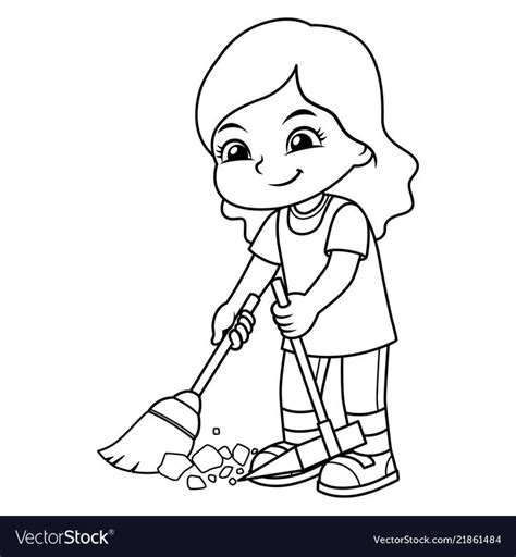 girl clean  garbage  broom  dust pan bw