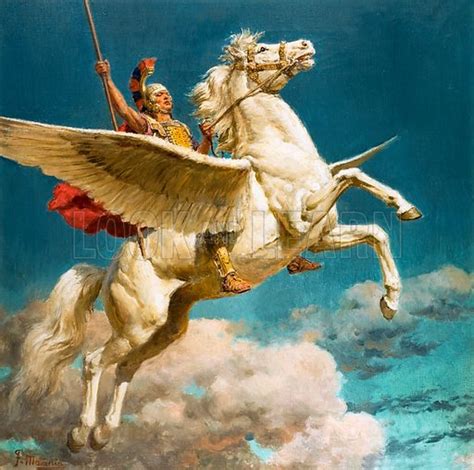 bellerophon riding pegasus winged horse  greek mythology stock image