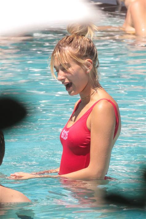 hailey baldwin in red swimsuit pool fun in miami 6 12 2016 celebmafia