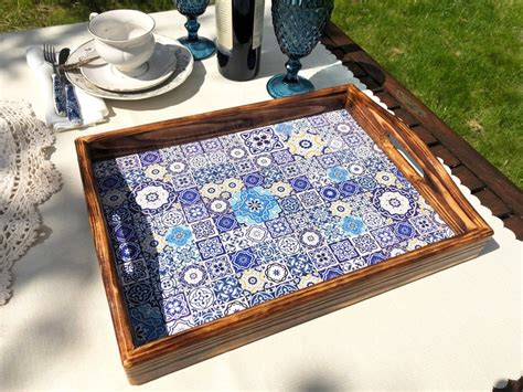 tile tray wood serving tray  handles blue  white etsy