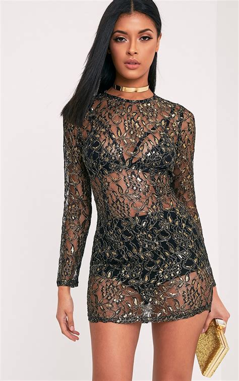 diania black sheer lace long sleeve shift dress prettylittlething usa