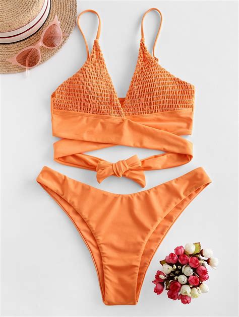 Zaful Smocked High Leg Wrap Bikini Swimwear Tangerine Sponsored