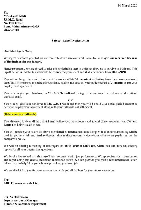layoff notice letter excel template exceldatapro