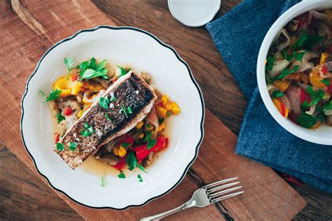 Crispy Sea Bass With Roasted Vegetables Recipe Recipes Baked Sea