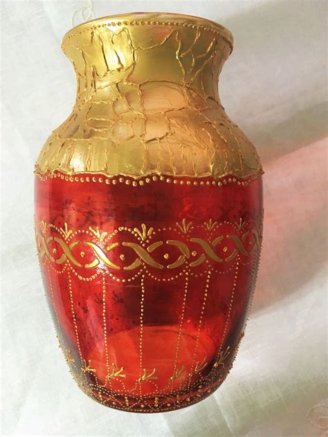 Hand Painted Vase In Red And Gold Etsy Hand Painted Vases Hand