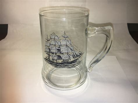 Vintage Clear Glass Schooner Mug W Whitesail Ship On Side