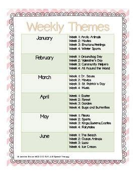 weekly theme calendar    year kindergarten themes preschool