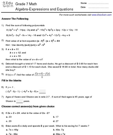 images  algebraic expressions worksheets  math math