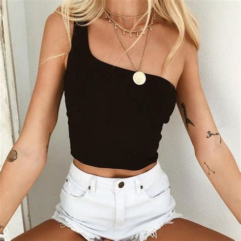 summer women tops one shoulder chest wrapped cami cropped tops short
