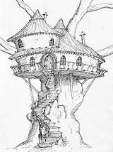 House Drawing Tree Fairy Fantasy Drawings Sketches Pencil Arccil Coloring Pages sketch template