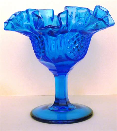 Vintage Fenton Blue Cobalt Glass Footed Bowl Compote Convoluted Ruffled