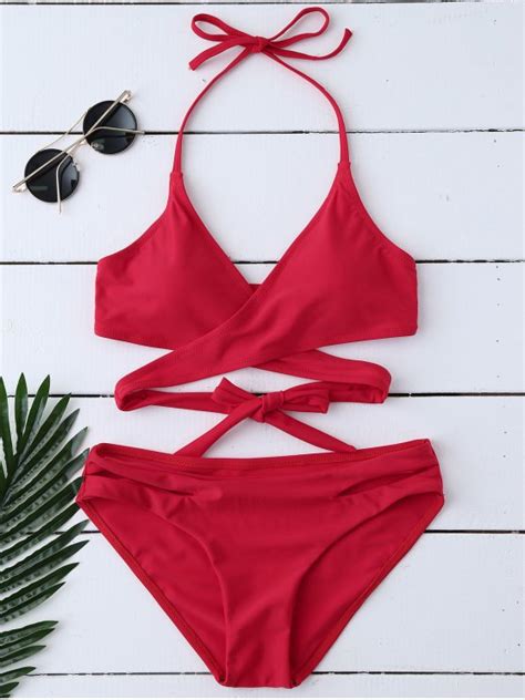 [40 Off] 2018 Halter Cut Out Wrap Bikini Set In Red S Zaful