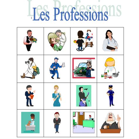 Professions En Français Bingo