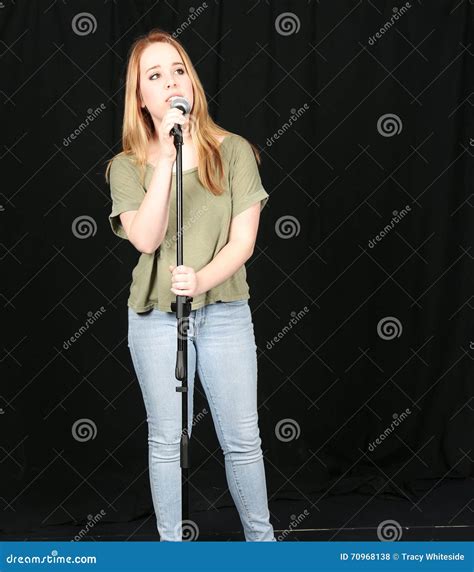girl speaking  mic stock photo image  person beauty