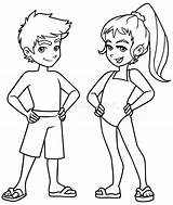 Kids Coloring Swimsuits Line Girl Boy Illustration Beach Swimming Stock Wearing Cute Children sketch template