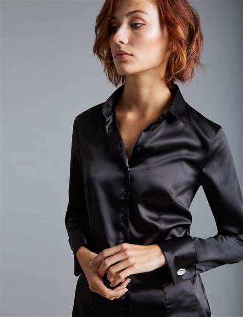 womens black fitted satin shirt double cuff black satin shirt satin shirt fashion