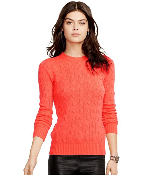 Polo Ralph Lauren Crew Neck Cable Knit Cashmere Sweater In Pink Lyst