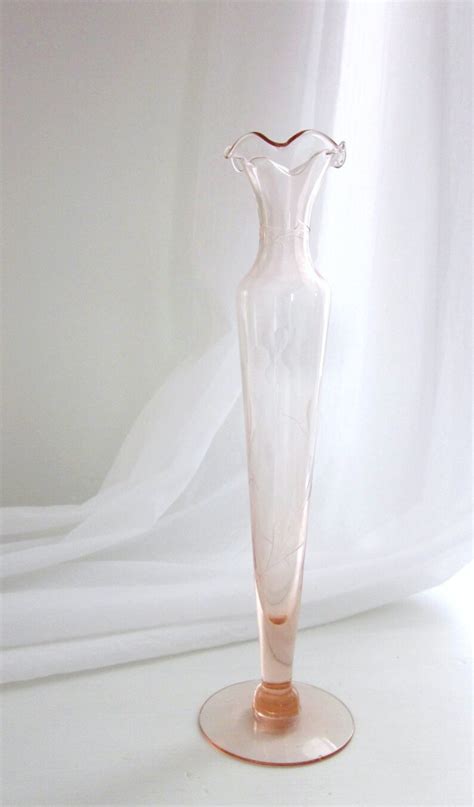 Vintage Pink Depression Glass Vase Etched Floral Design Etsy