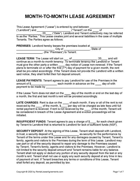 residential lease  month  month rental agreement form printable