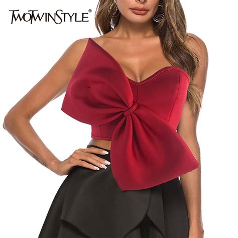 Twotwinstyle Solid Color Patchwork Big Bowknot Vest For Women Off