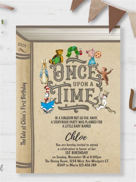 Book Themed Birthday Party Invitation Once Upon A Time Book Themed