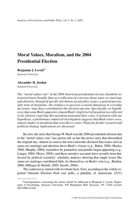 Pdf Moral Values Moralism And The 2004 Presidential Election