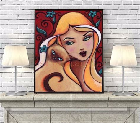 handmade modern abstract blonde woman and siamese cat