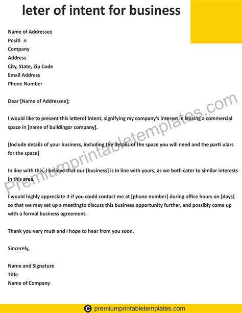 letter  intent  business printable template letter  intent