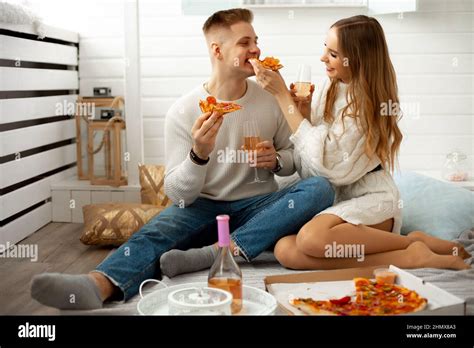 Cute Young Couple Enjoys Having Lunch Together They Jokingly Feed