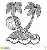 Zentangle Coloring Zen Sea Doodle Tangle Palm Island Trees Book Zendoodle Sun Ocean Islet Holidays Vector Isle Zenart Adult Drawings sketch template