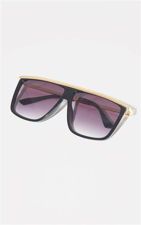 black frame gold bar oversized square frame sunglasses prettylittlething