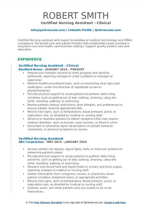 certified nursing assistant resume samples qwikresume