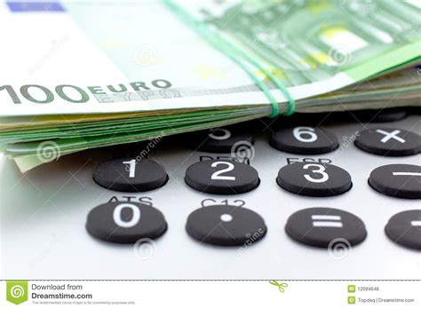 euro notes  calculator stock photo image  paper
