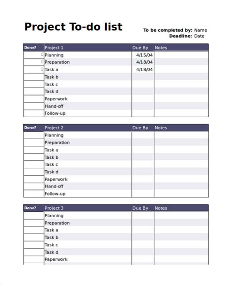 project   list  printable project planner