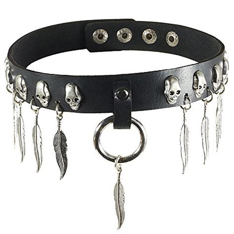 buy feather charm skull studded choker black  ring  stud human collar