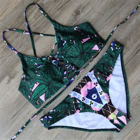 swimwear women new vintage leaf print bikini 2016 bandage swimsuit