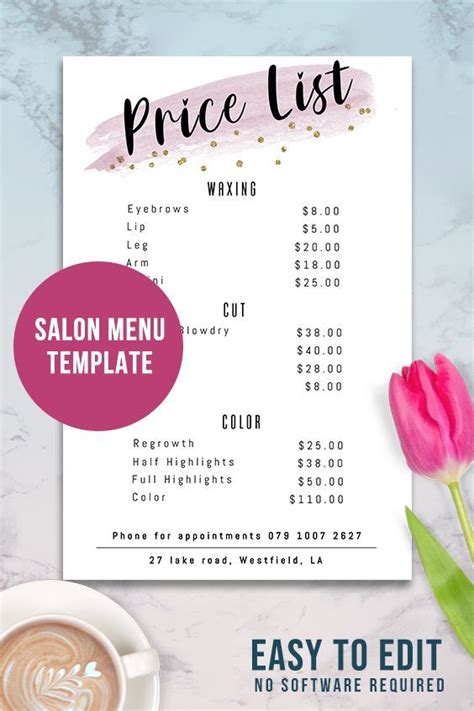 pink price list template editable beauty salon pricing list etsy australia price list