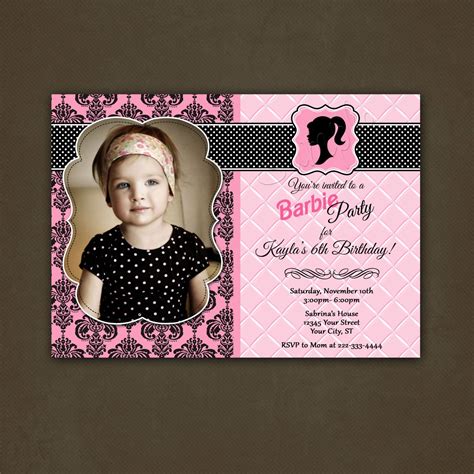girls barbie photo birthday invitation printable file