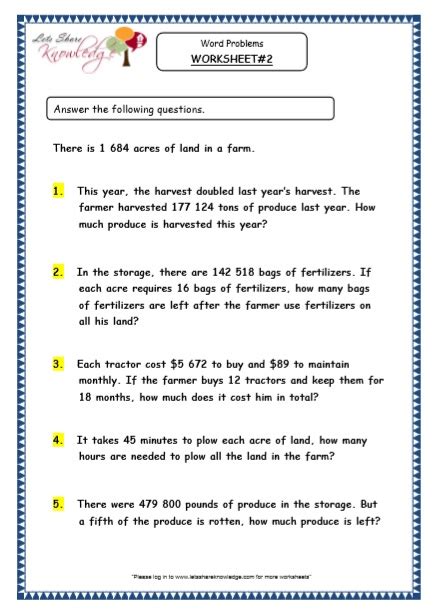 grade  maths resources word problems printable worksheets lets